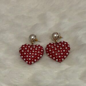 Betsey Johnson Red and Pearl Sparkle Heart Earrings
